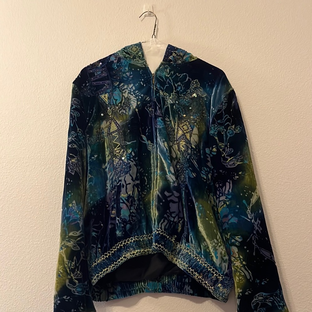 Chico’s velour hoodie, Velvety blue and green mixed, pre- loved in size 2
